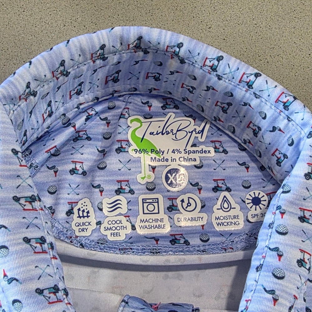 TailorByrd Men XL Golf Polo Shirt Blue Golf Cart Print Performance Moisture Wick - Picture 8 of 11